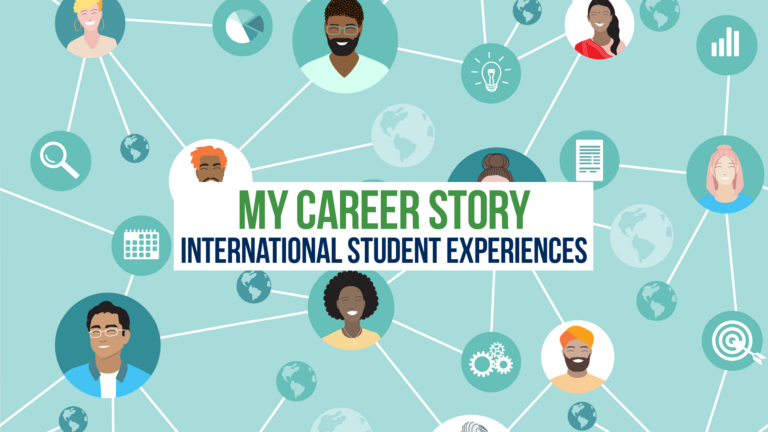 A banner ad for My Career Story featuring an illustrative background that depicts a network of multicultural people and icons. Text on the banner reads: My Career Story, Interational Student Experiences